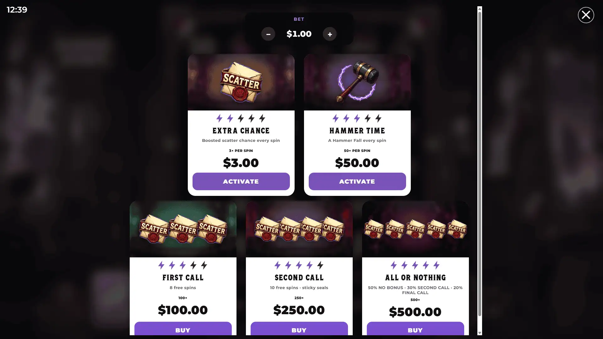 Hammer Down bonus buy menu