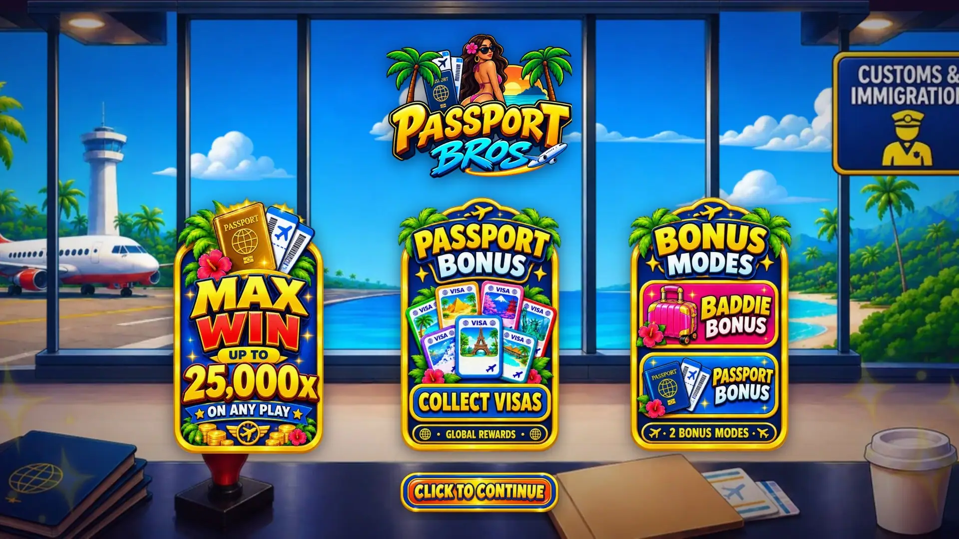 Passport Bros slot intro screen