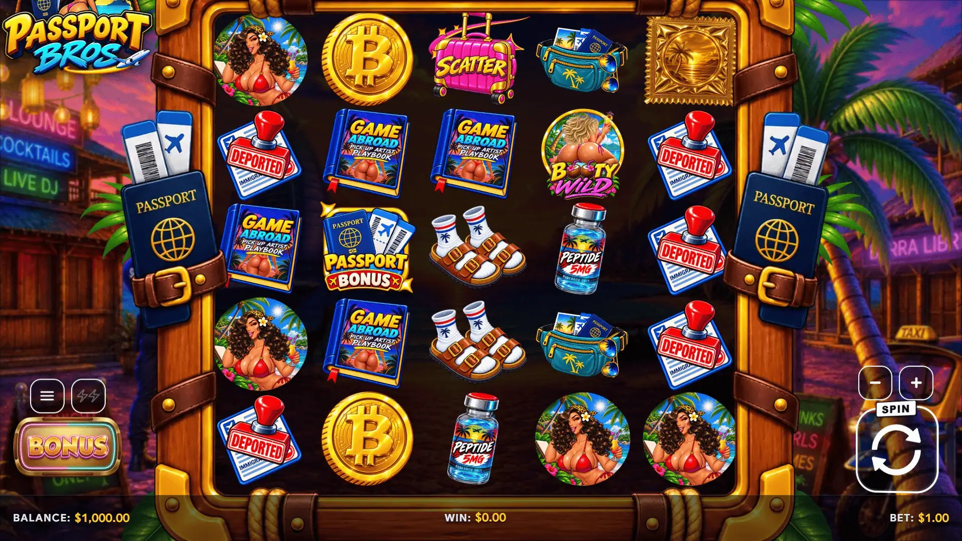 Passport Bros slot gameplay reels