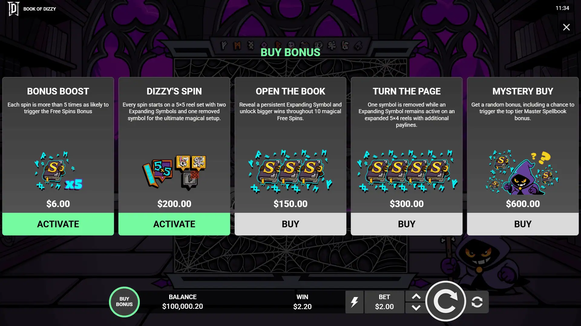 Book of Dizzy bonus buy menu