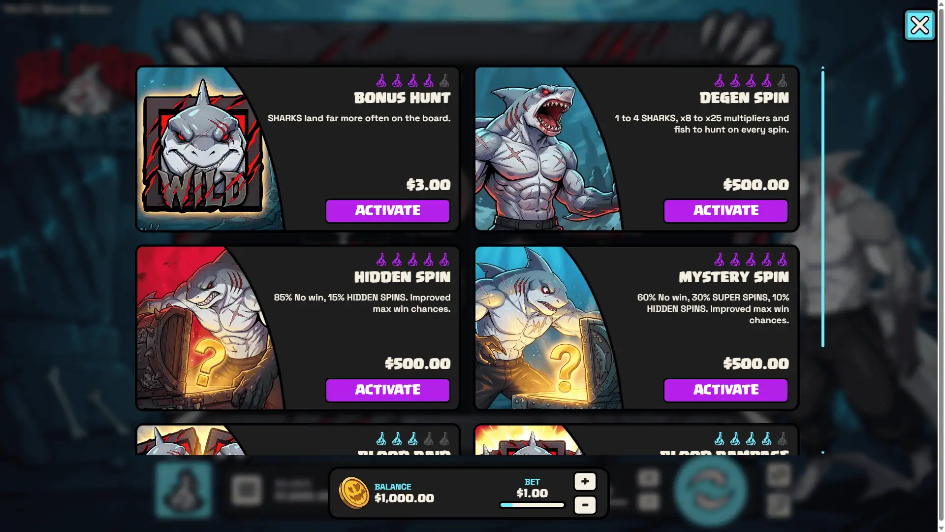 Blood Water bonus buy menu