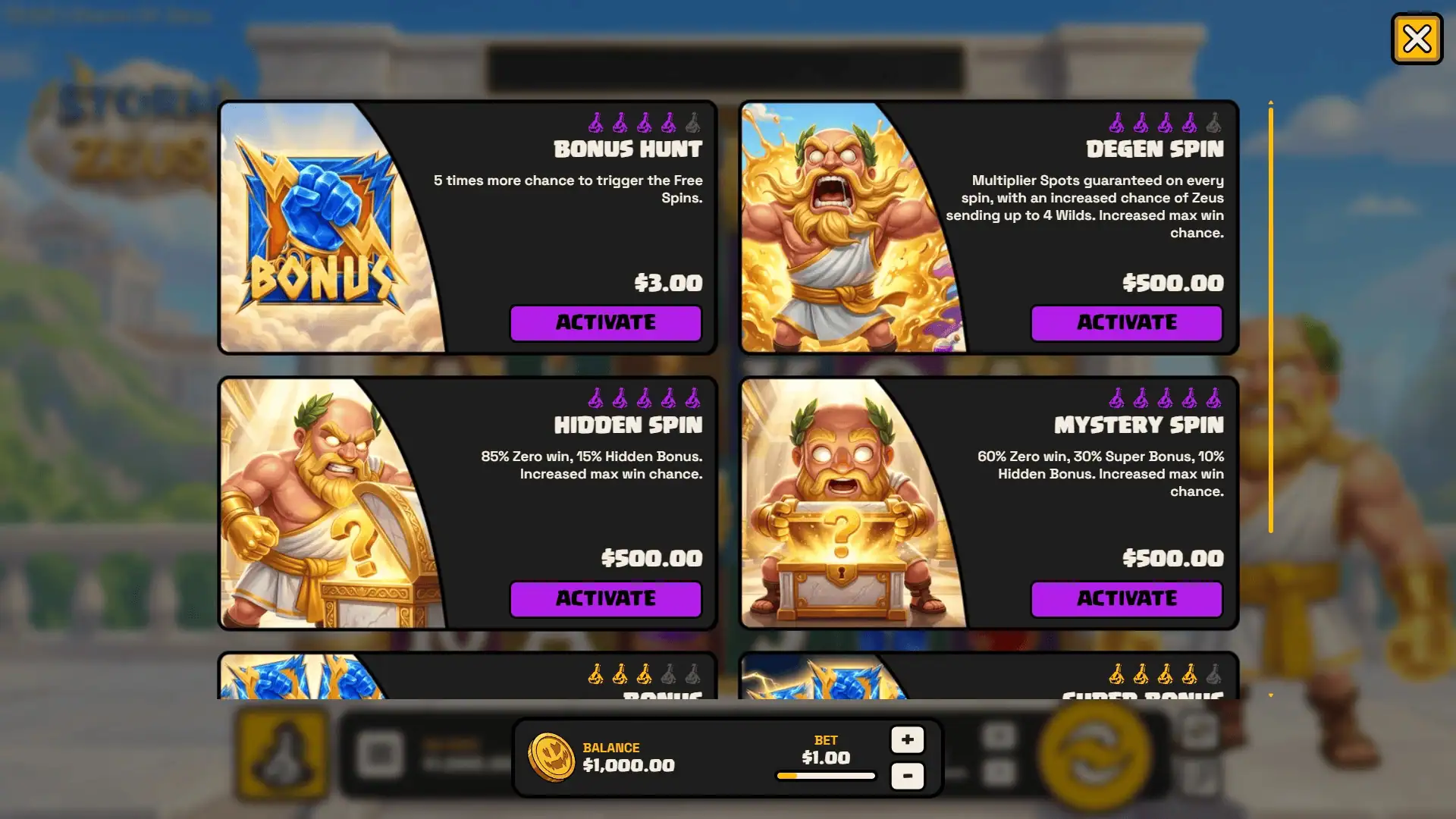 Storm of Zeus bonus buy menu