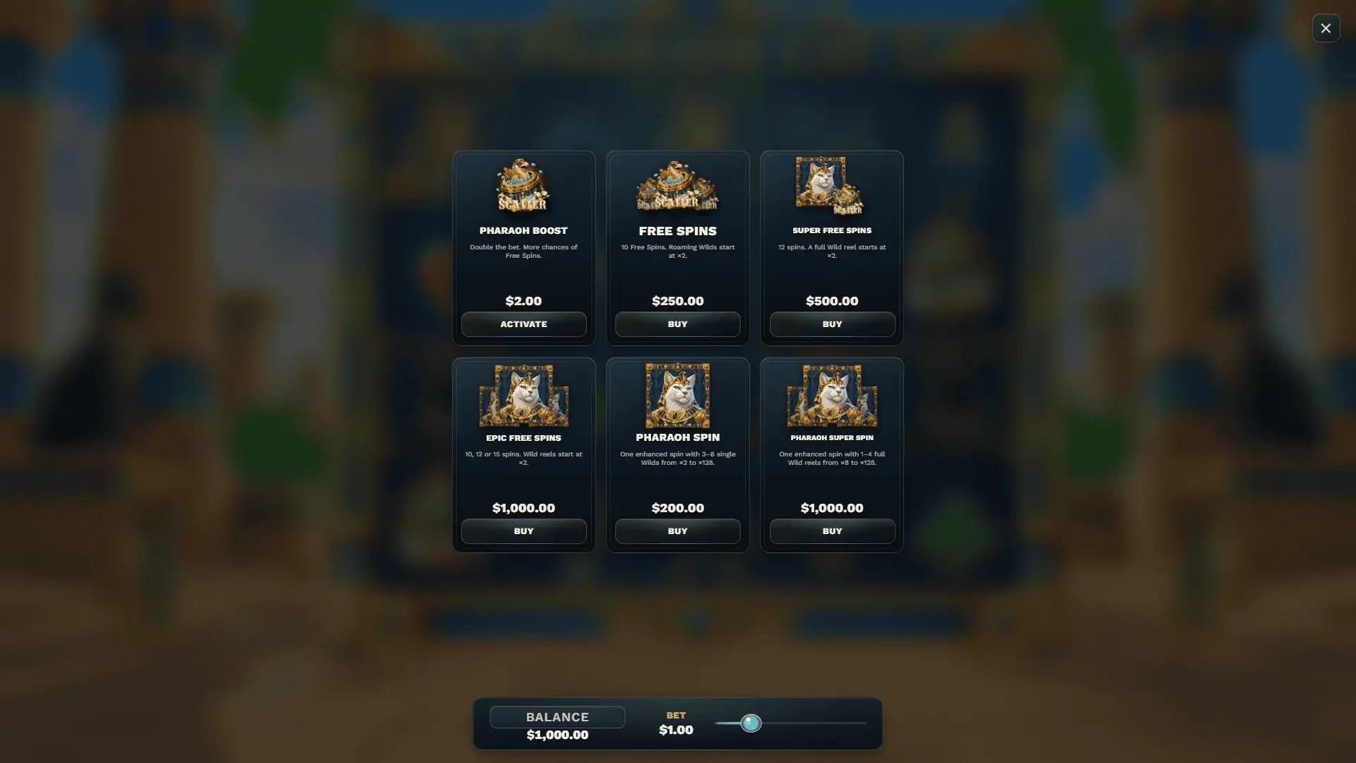 Pharaoh Cat bonus buy menu