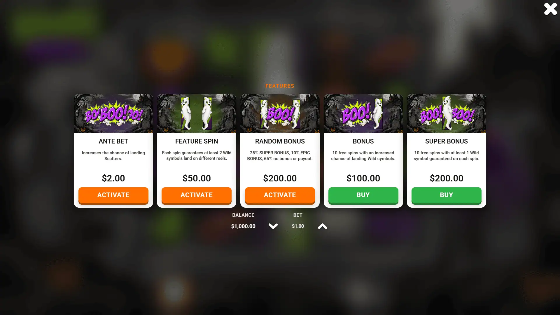 Spooky Reels bonus buy menu