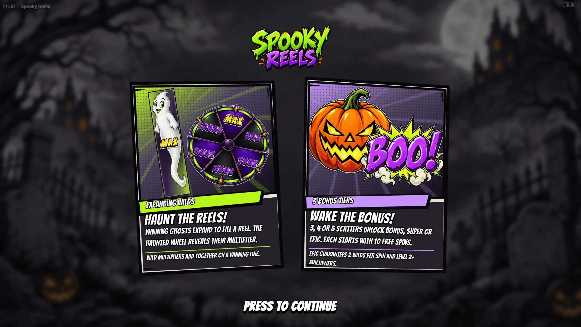 Spooky Reels slot intro screen