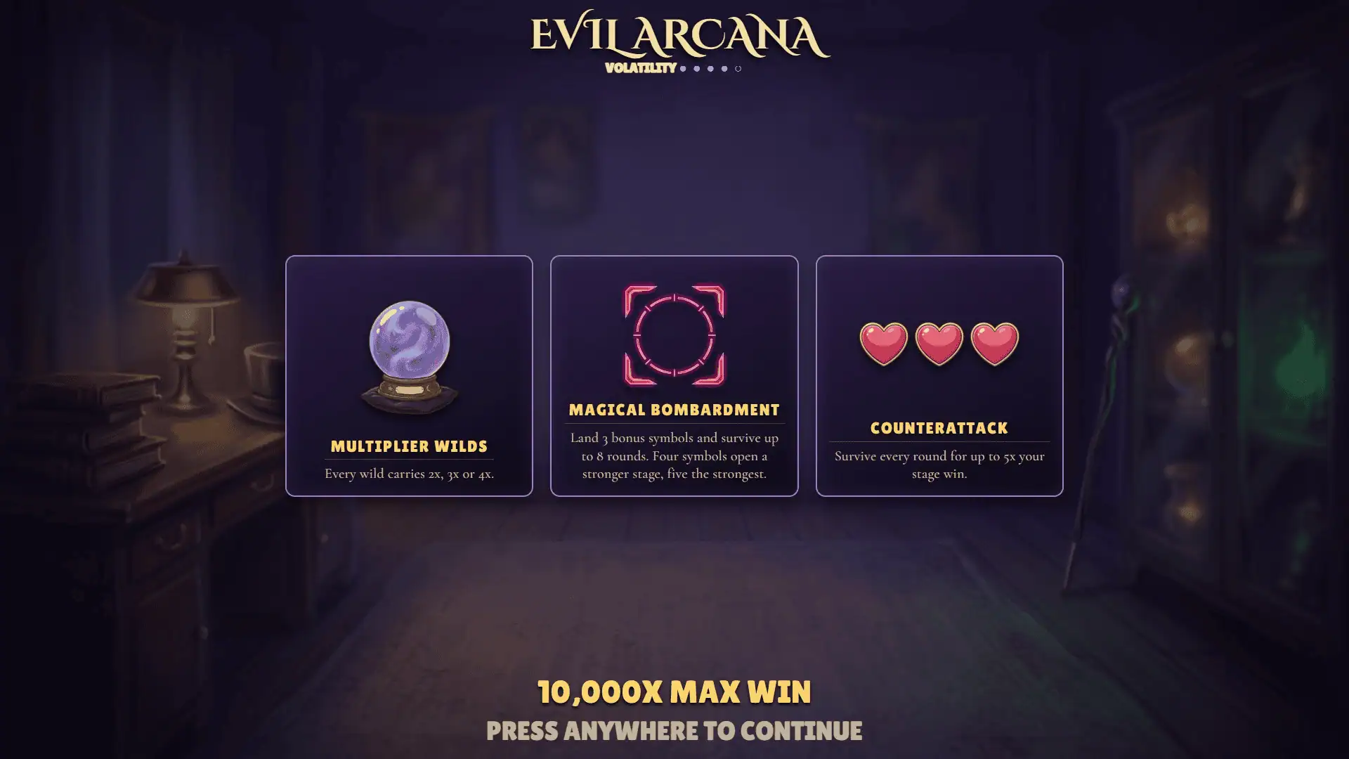 Evil Arcana slot intro screen