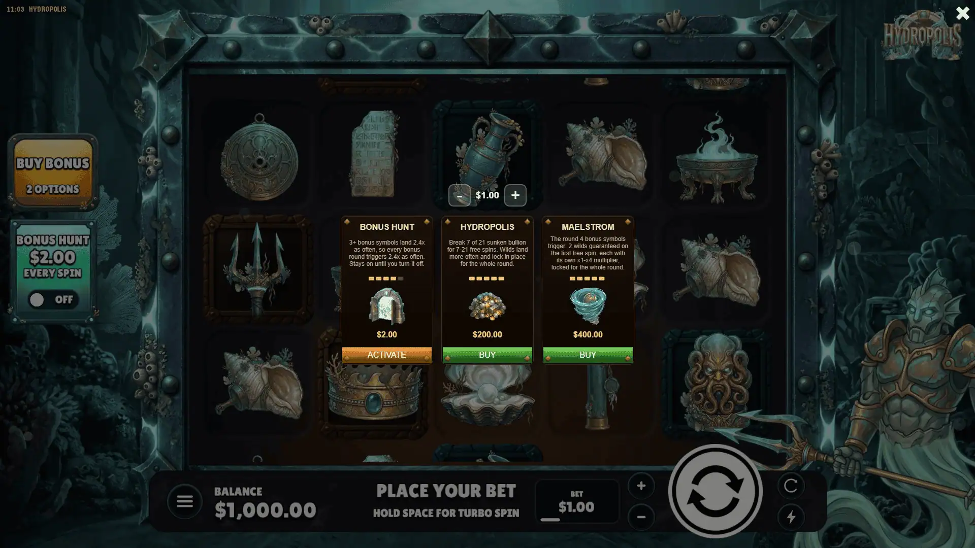 Hydropolis bonus buy menu