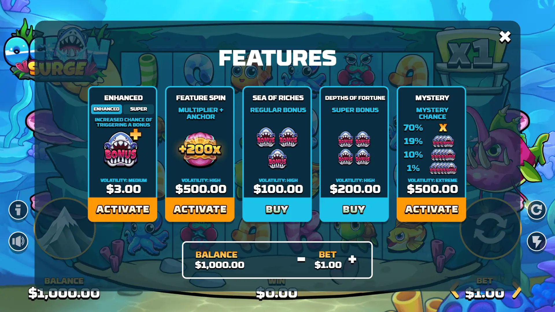 Ocean Surge bonus buy menu