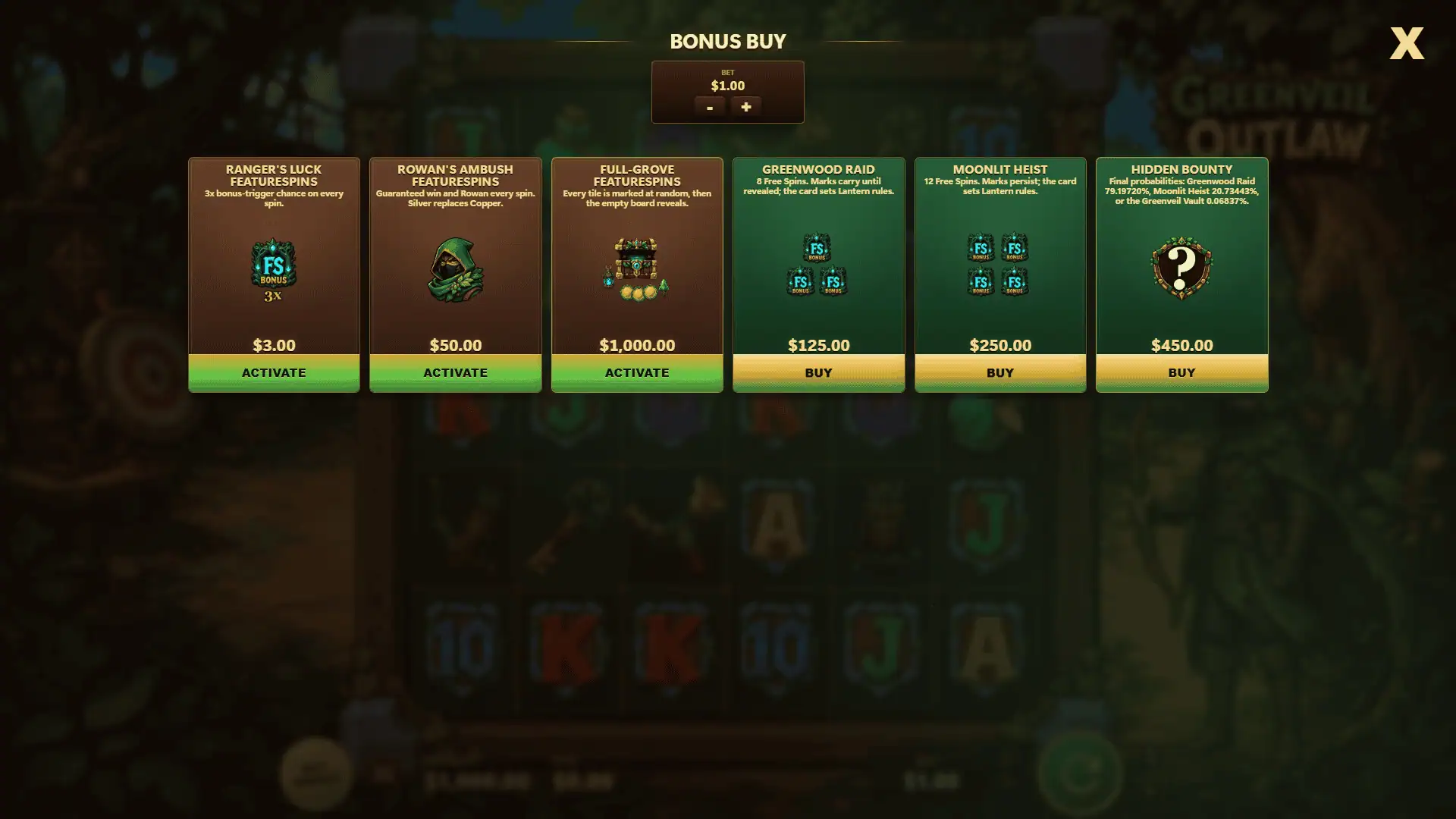Greenveil Outlaw bonus buy menu
