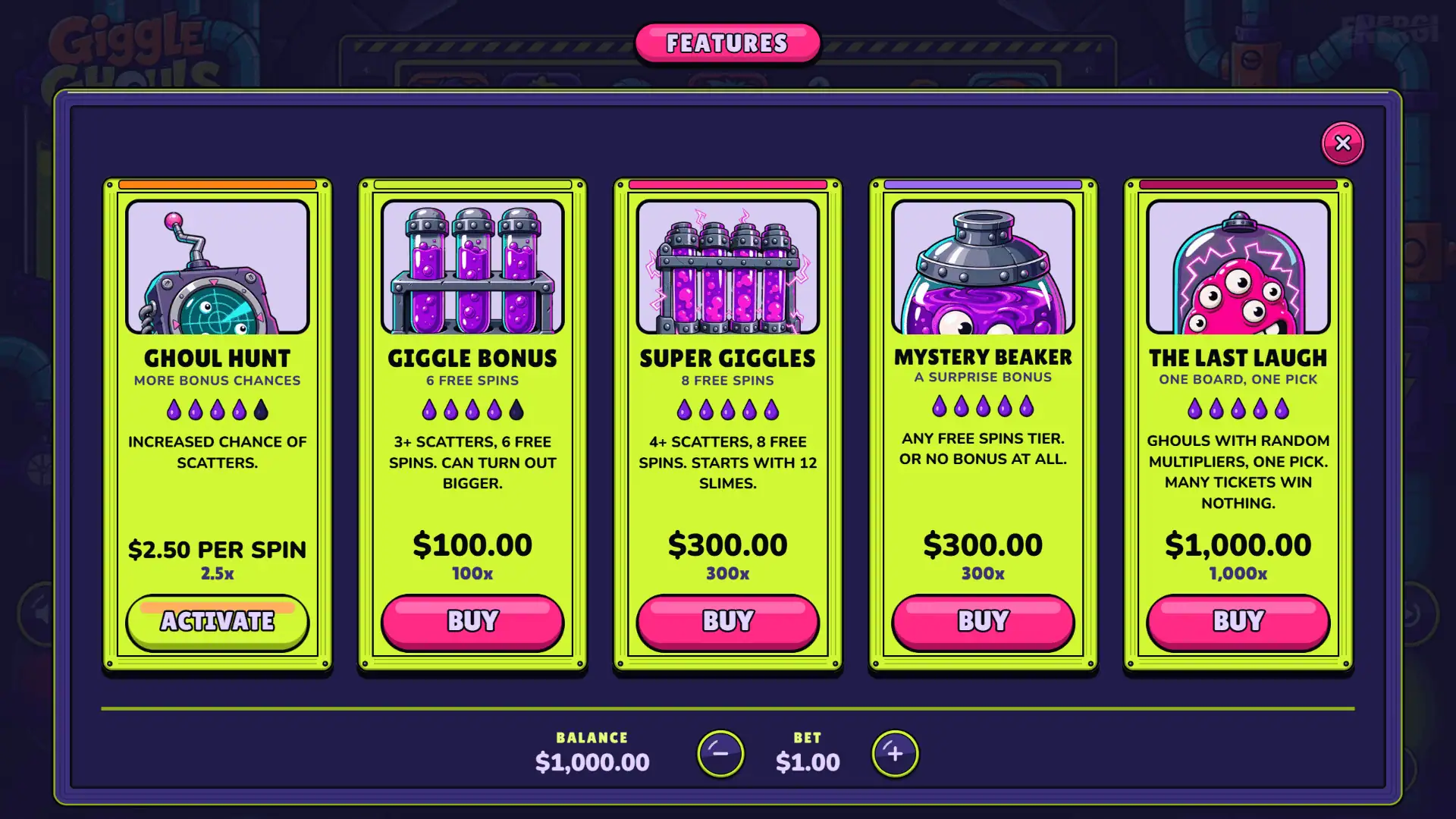 Giggle Ghouls bonus buy menu
