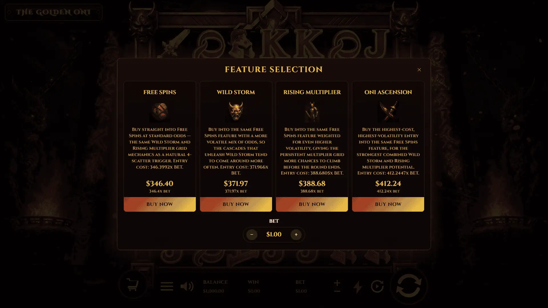 The Golden Oni bonus buy menu
