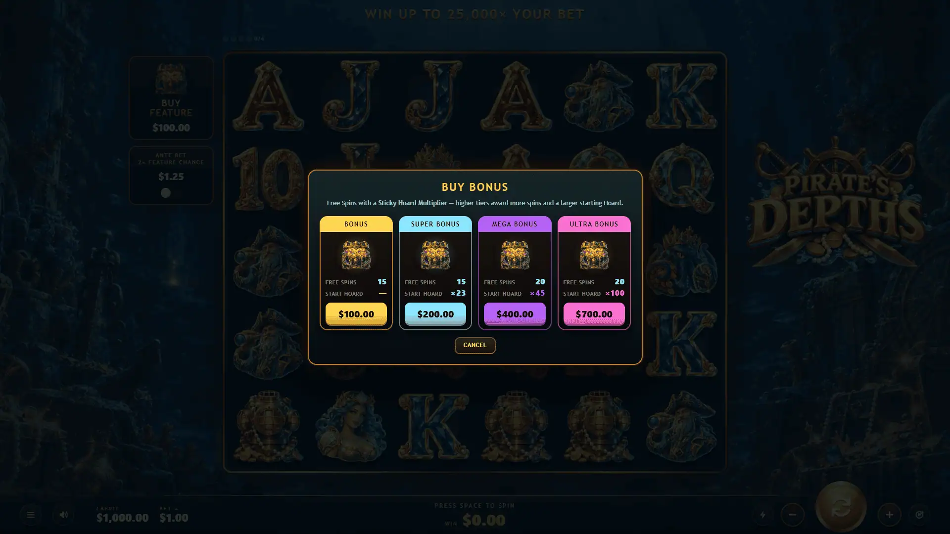 Pirates Depths bonus buy menu