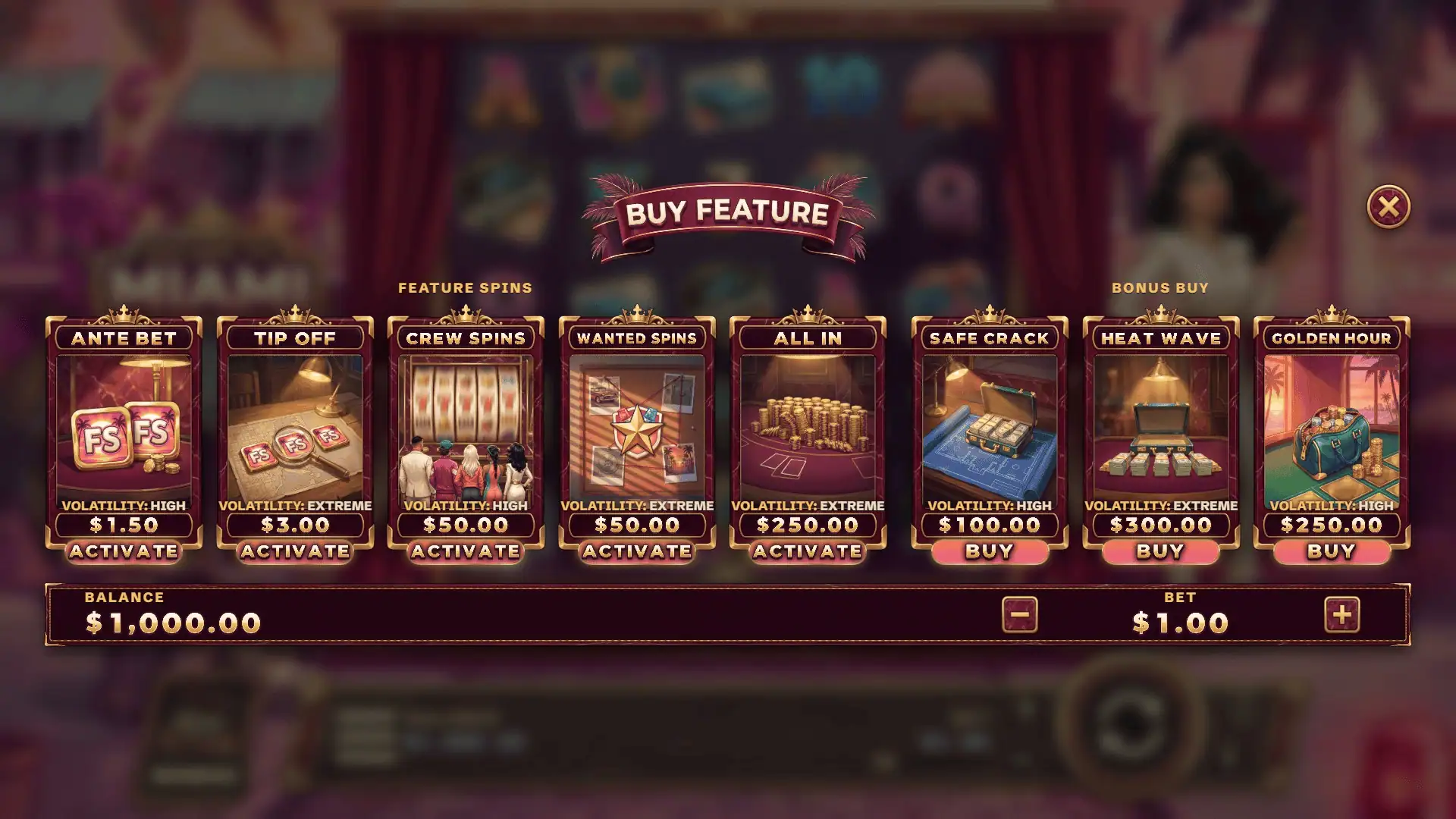Escape To Miami bonus buy menu