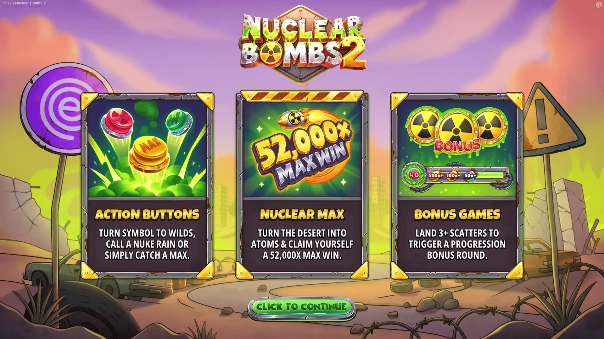 Nuclear Bombs 2 slot intro screen