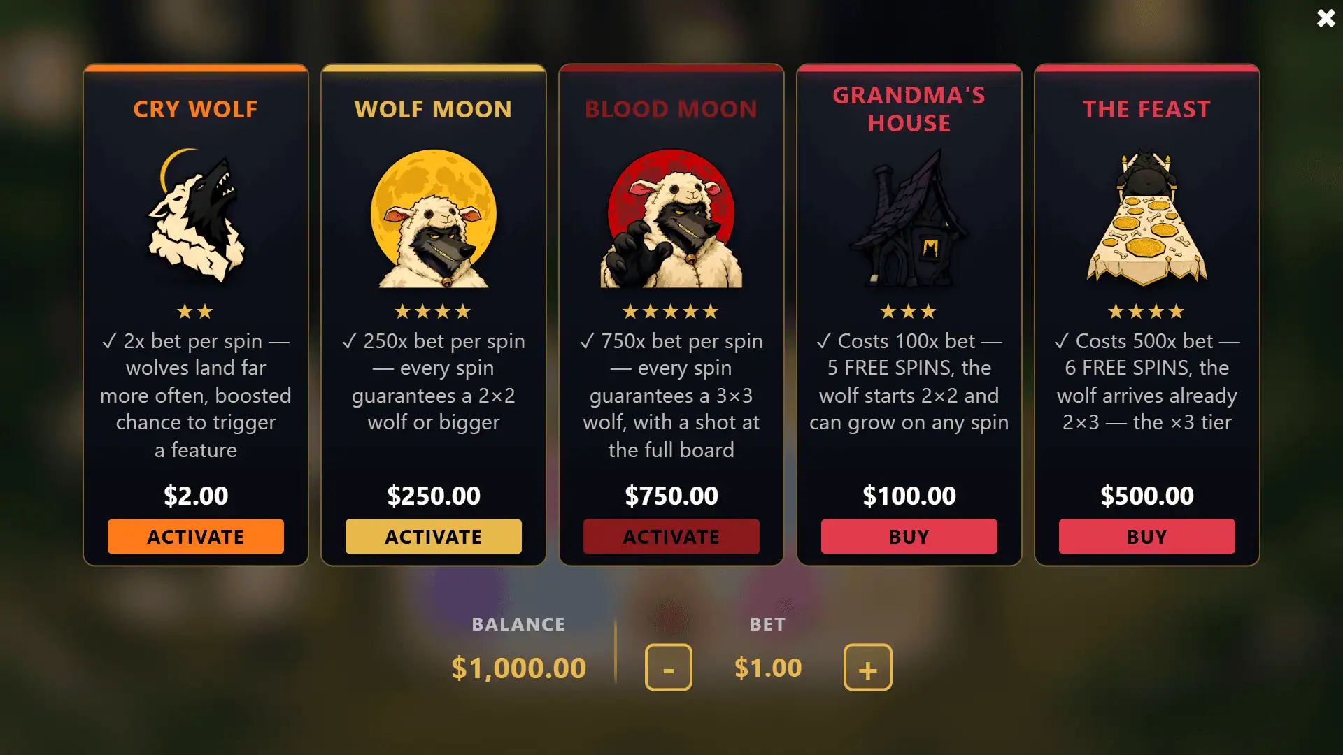 Big Bad bonus buy menu