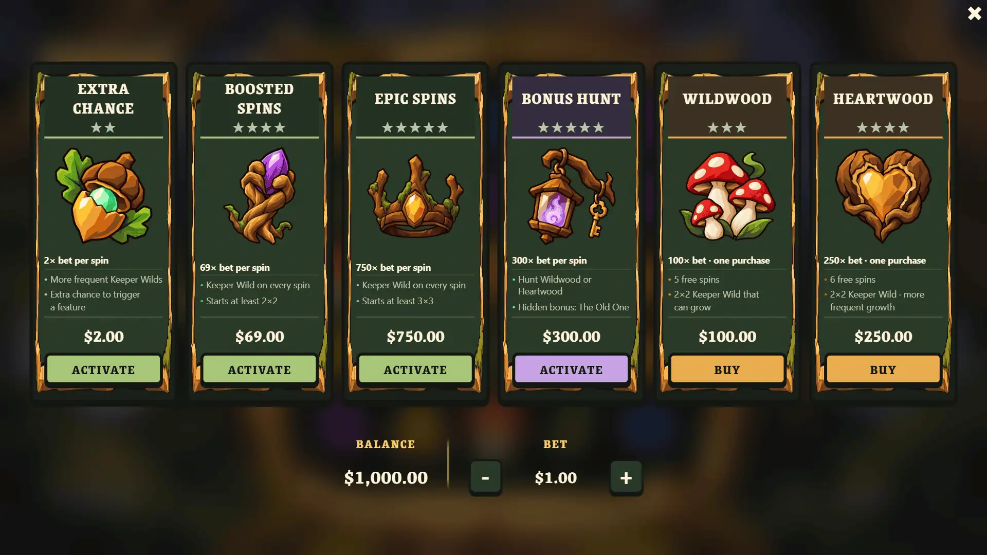 Dead Wood bonus buy menu