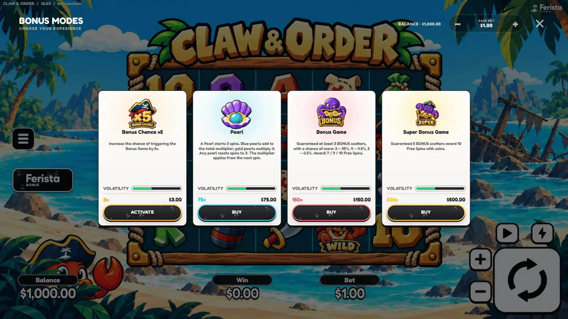 Claw Order bonus buy menu