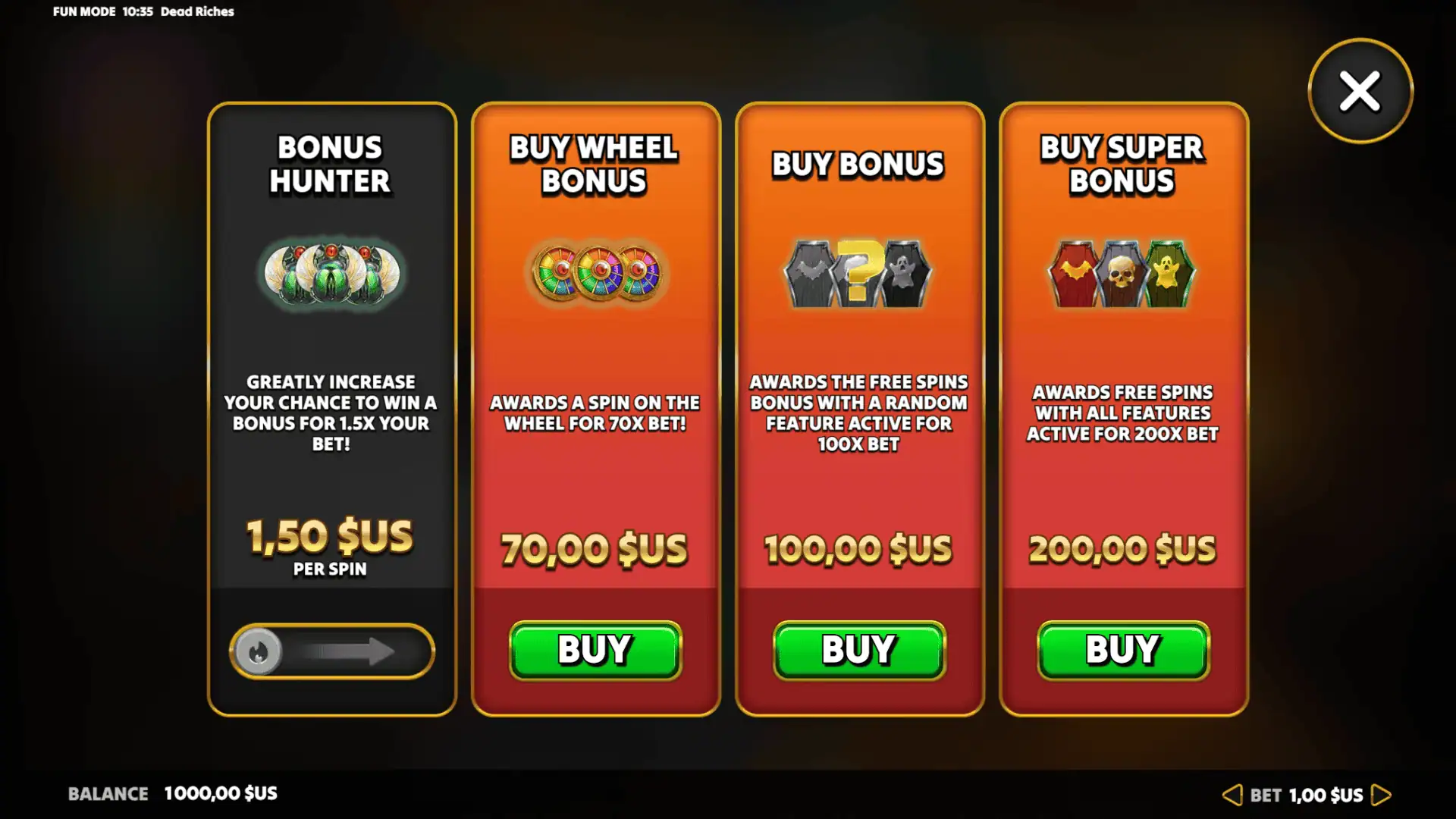 Dead Riches bonus buy menu