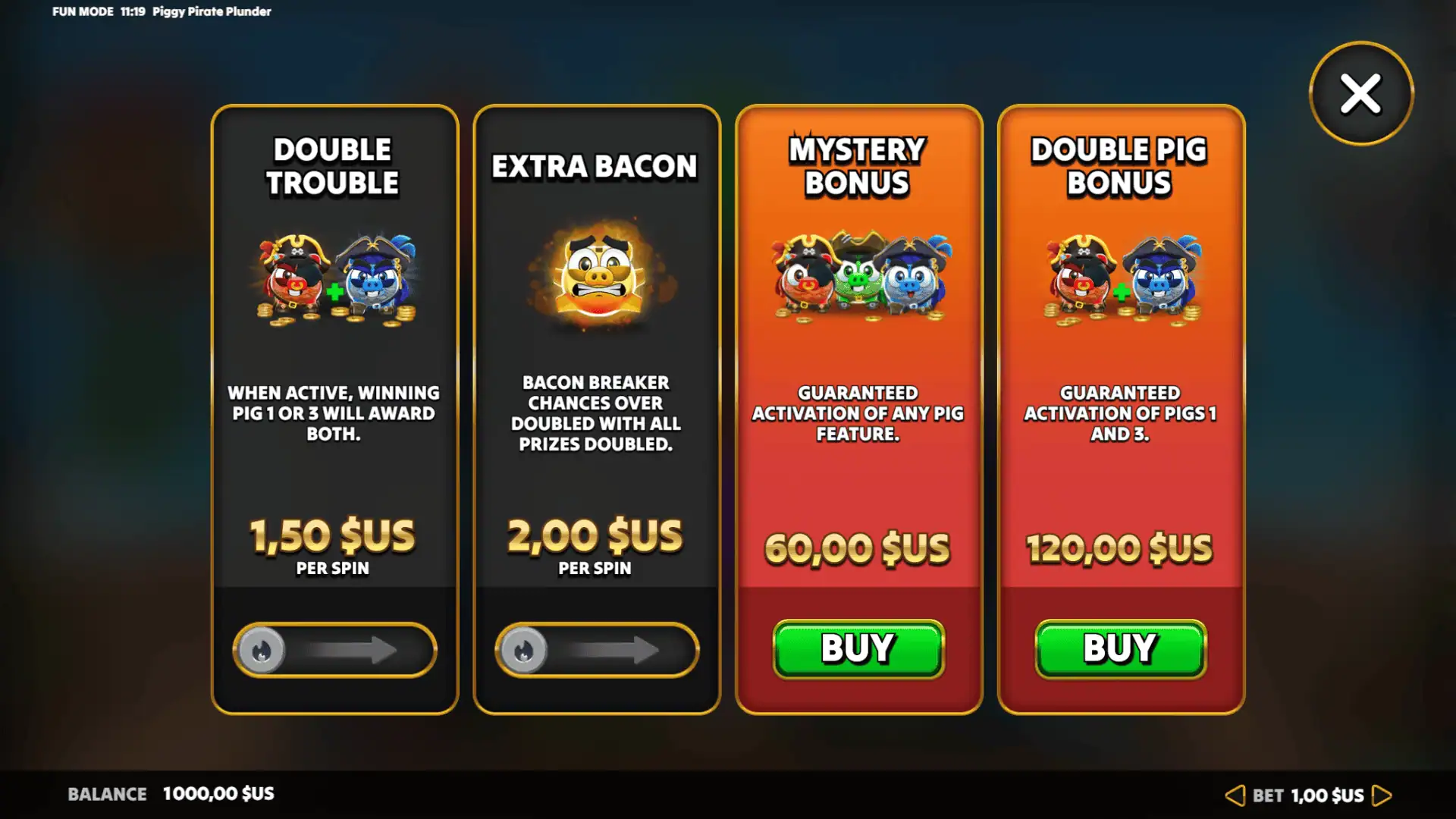 Piggy Pirate Plunder bonus buy menu