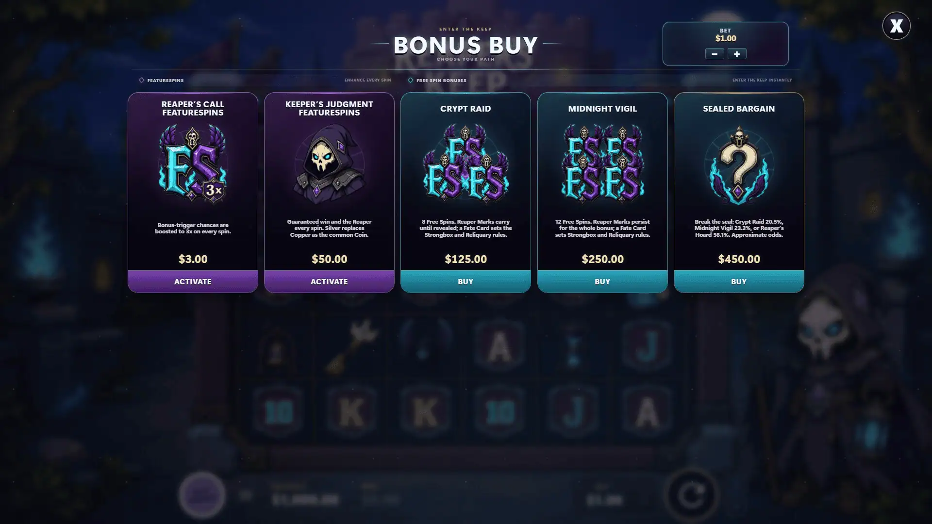 Reaper's Keep bonus buy menu