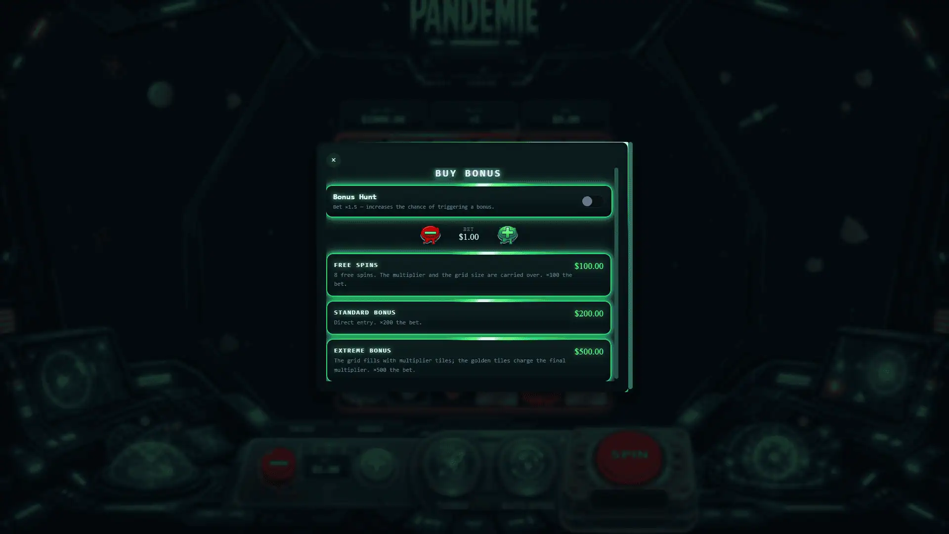 Pandemie bonus buy menu