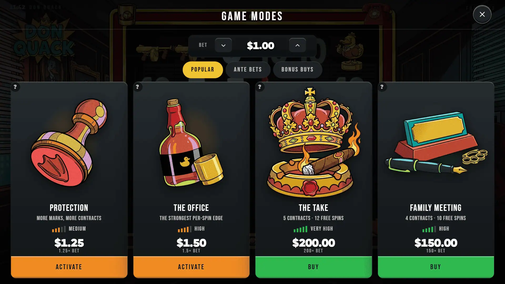 Don Quack bonus buy menu