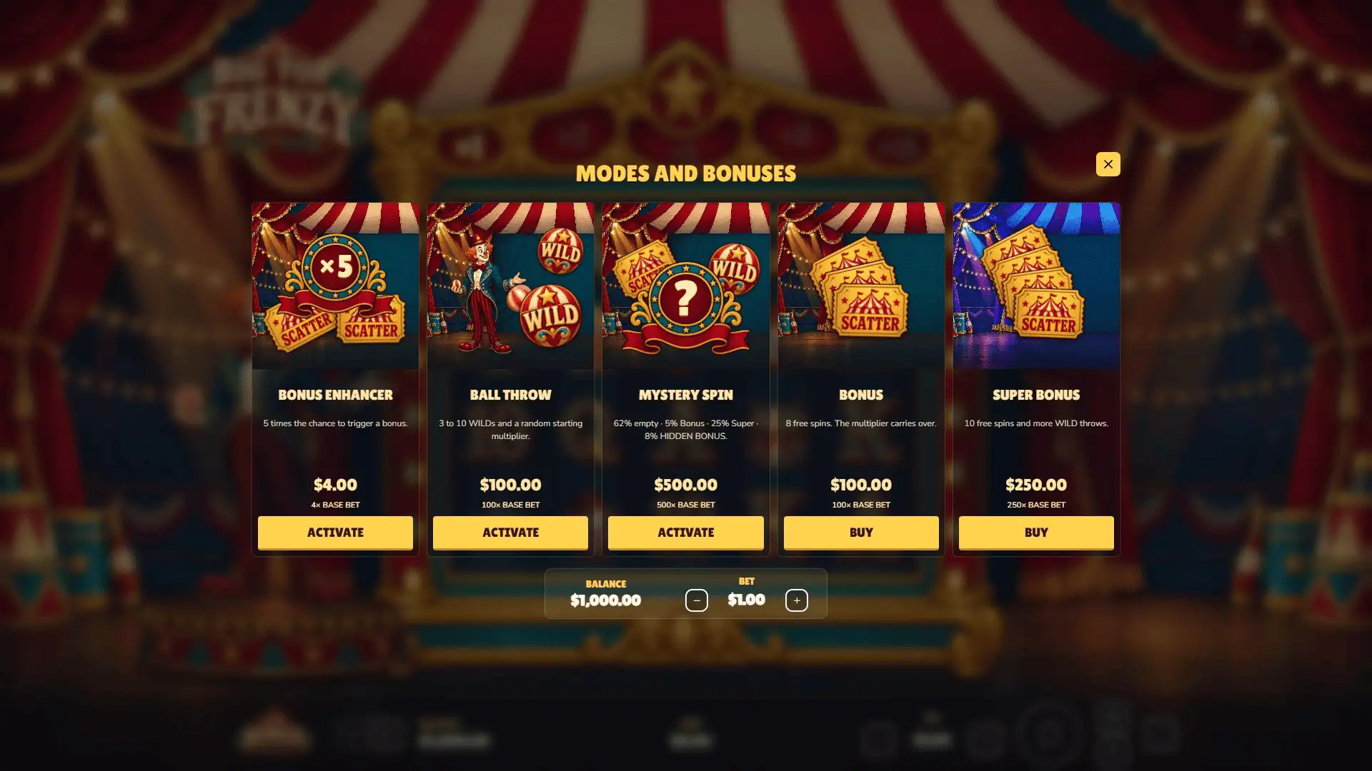 Big Top Frenzy bonus buy menu