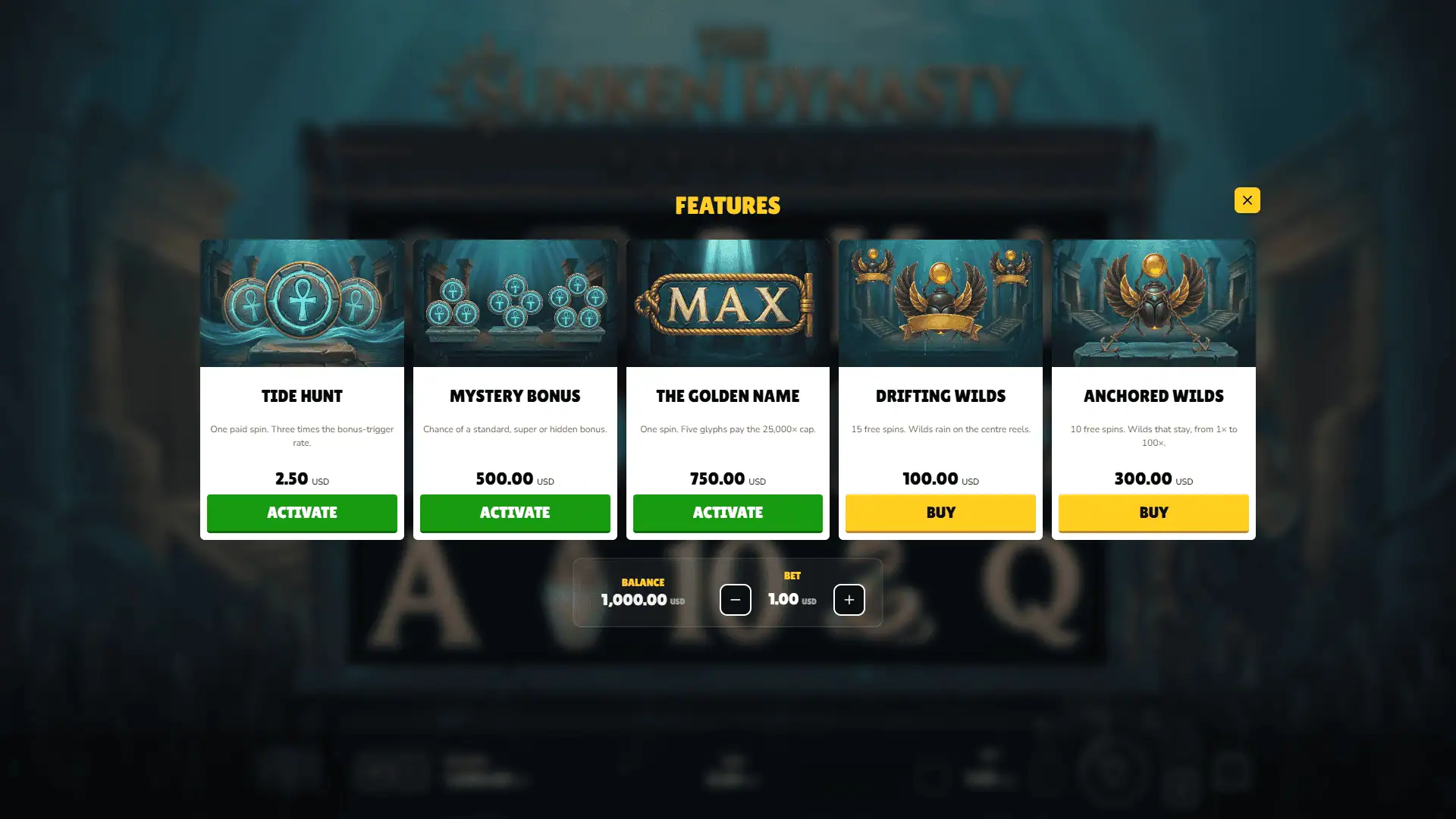 The Sunken Dynasty bonus buy menu