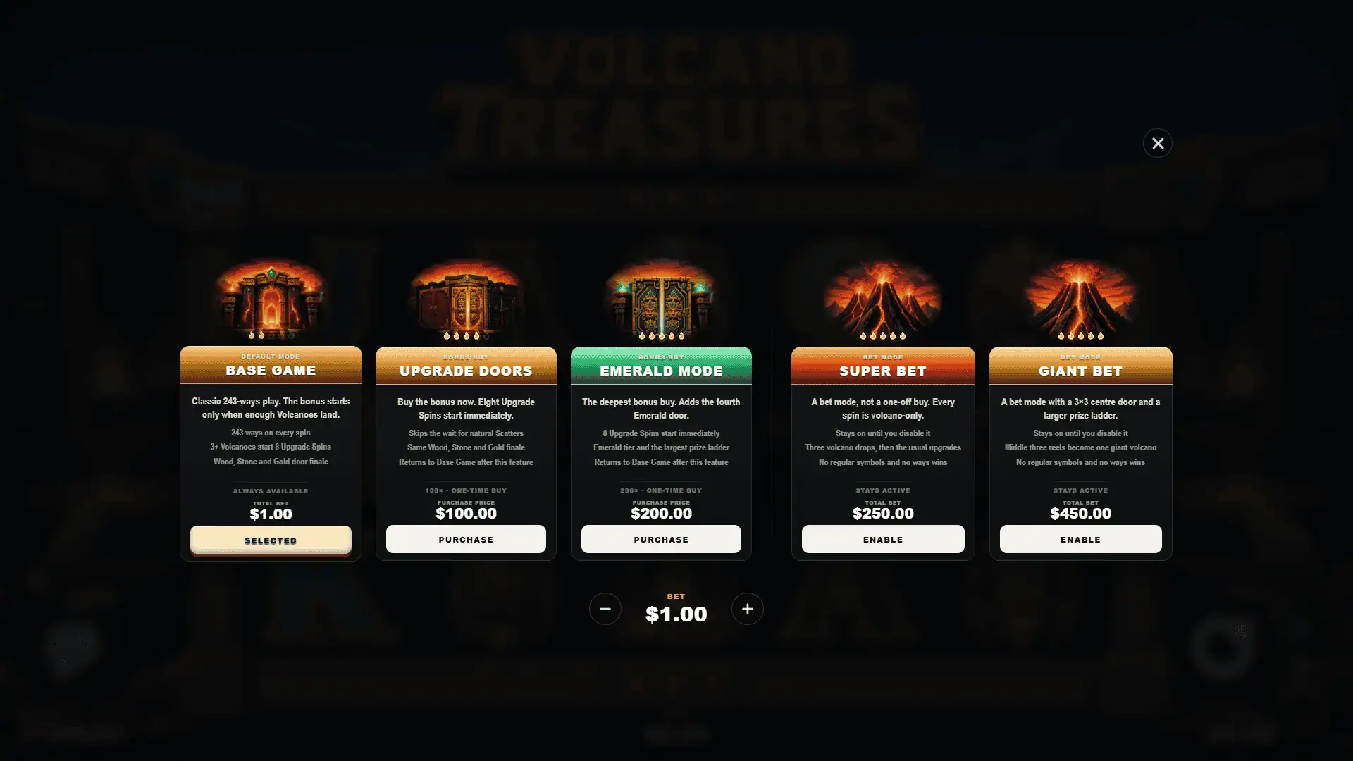 Volcano Treasures bonus buy menu