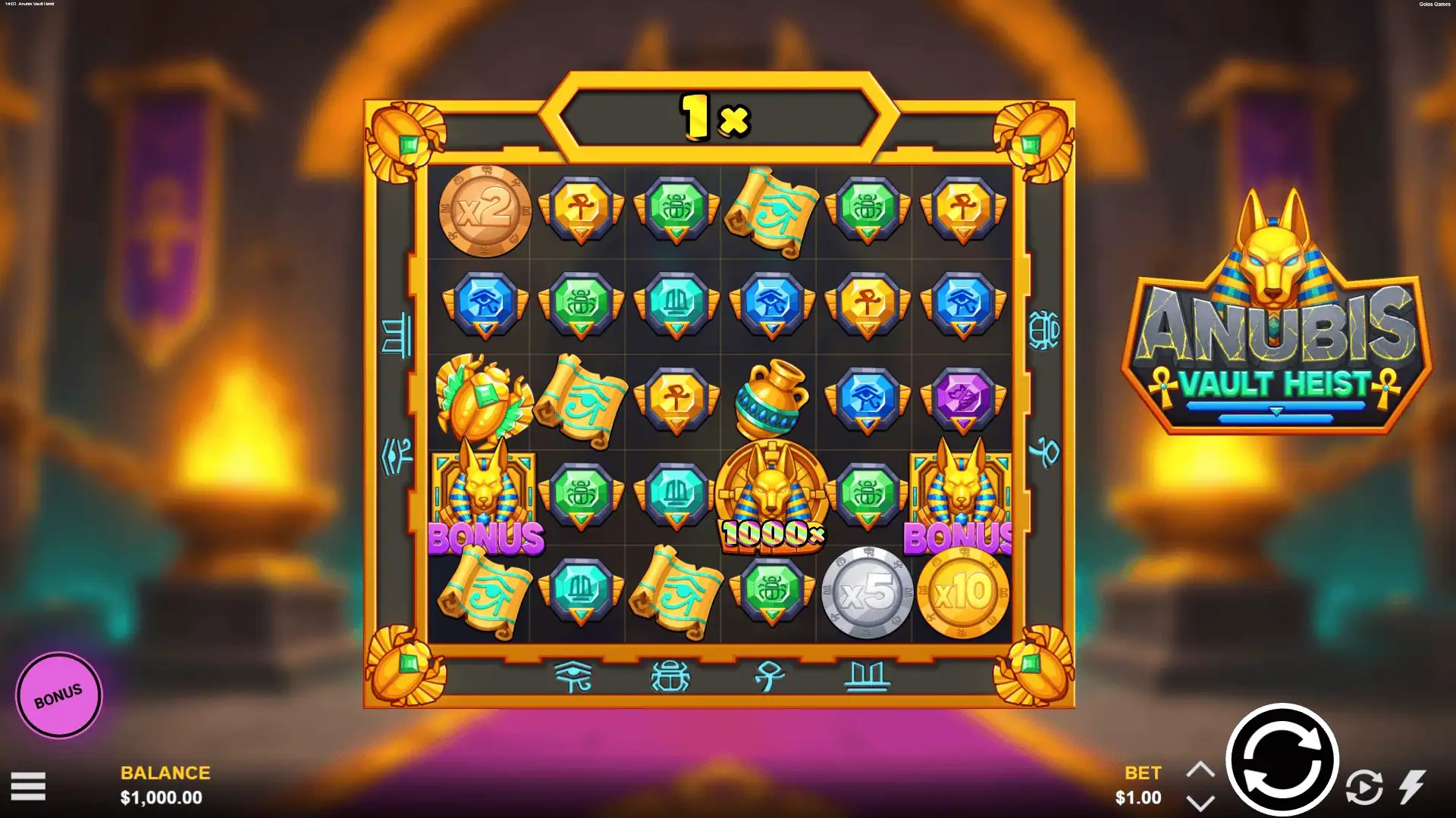 Anubis Vault Heist slot gameplay reels