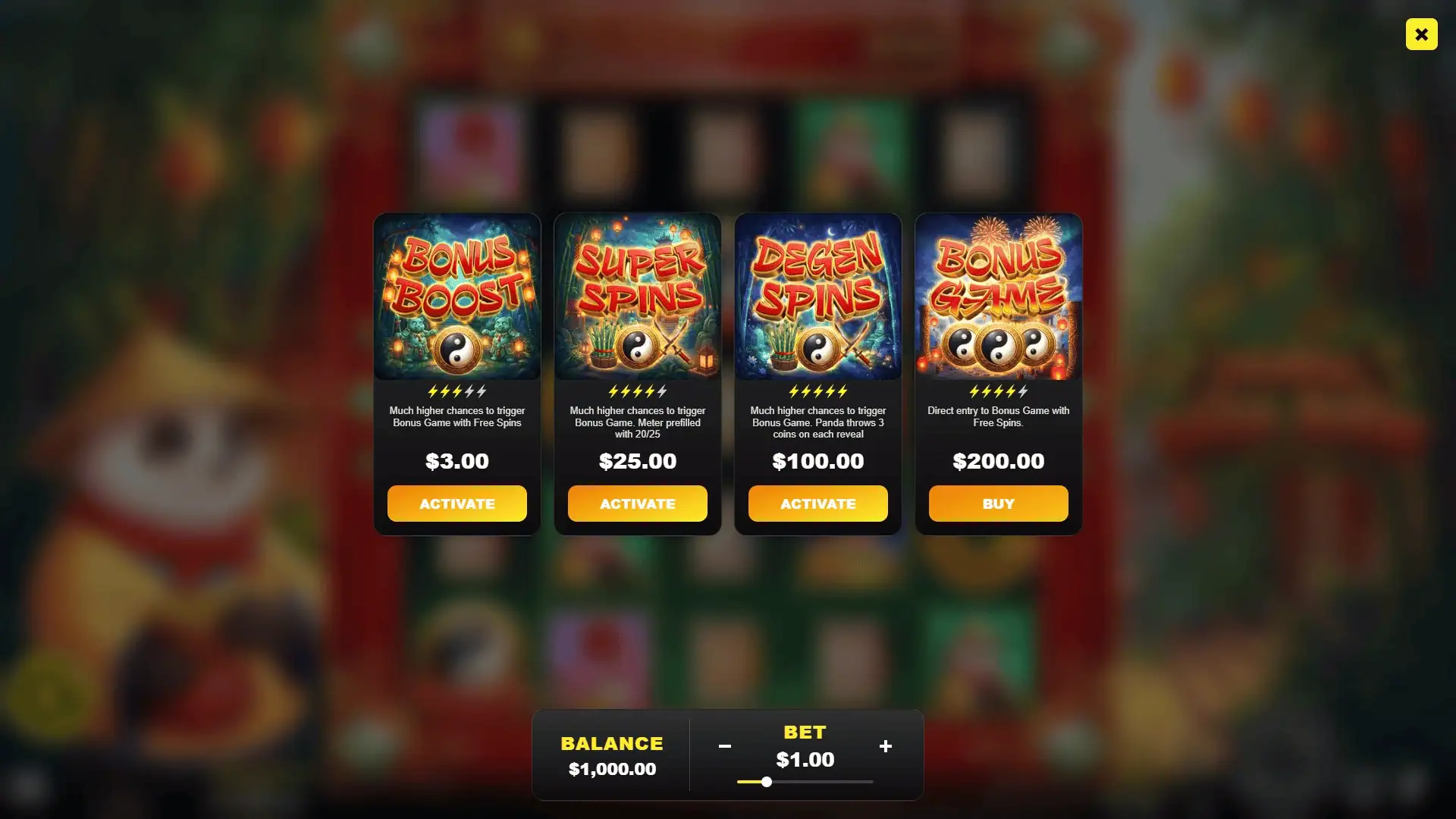 Panda Bada Boom bonus buy menu