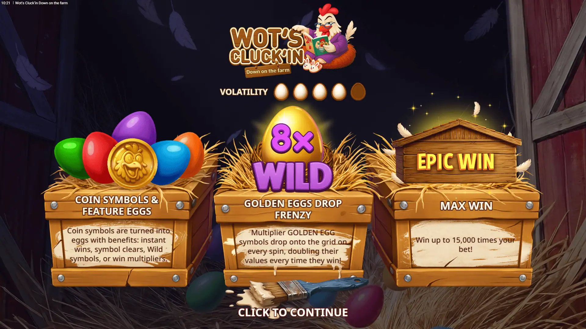 Wot&rsquo;s Cluck&rsquo;in Down on the farm slot intro screen