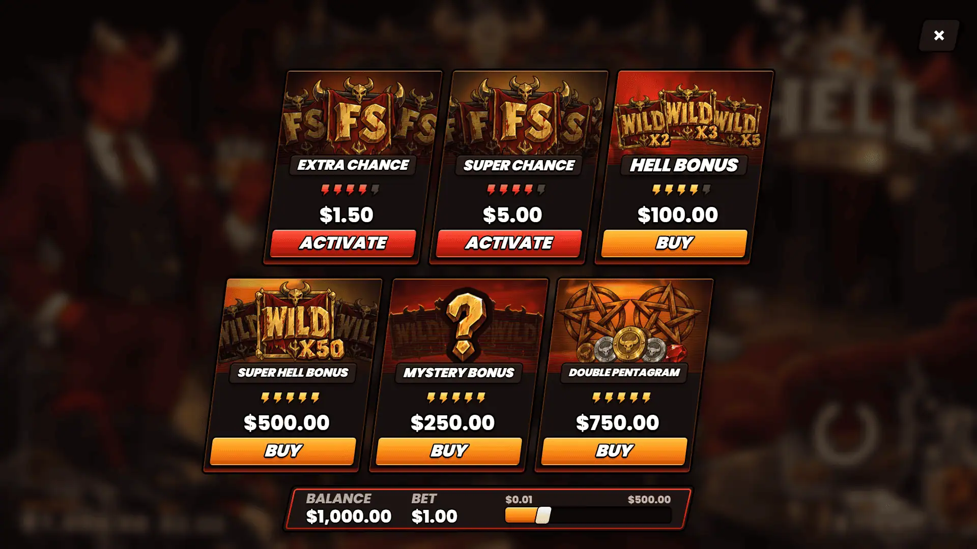 Hell INC. bonus buy menu
