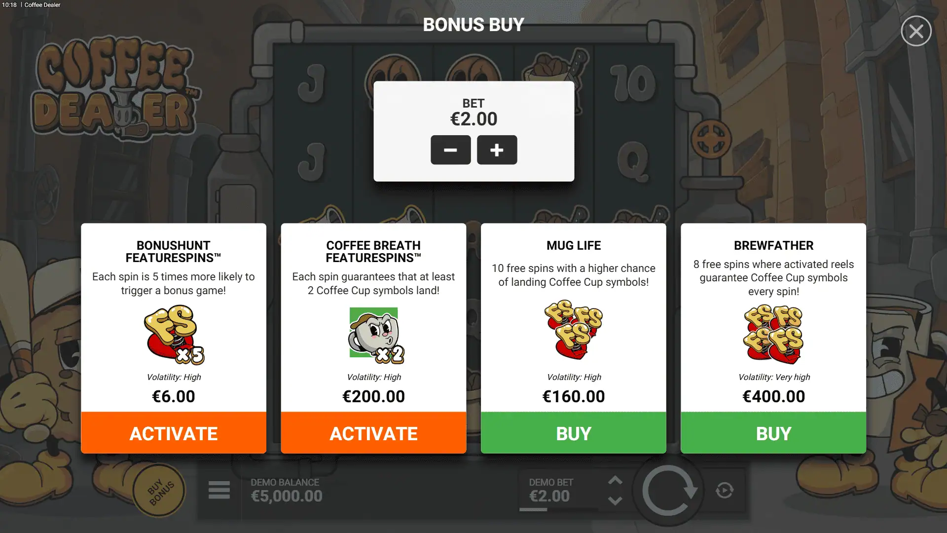 Coffee Dealer bonus buy menu