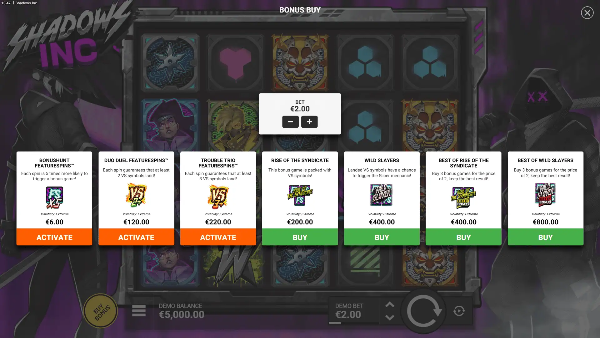 Shadows Inc bonus buy menu