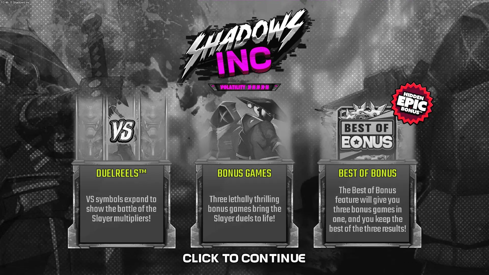 Shadows Inc slot intro screen