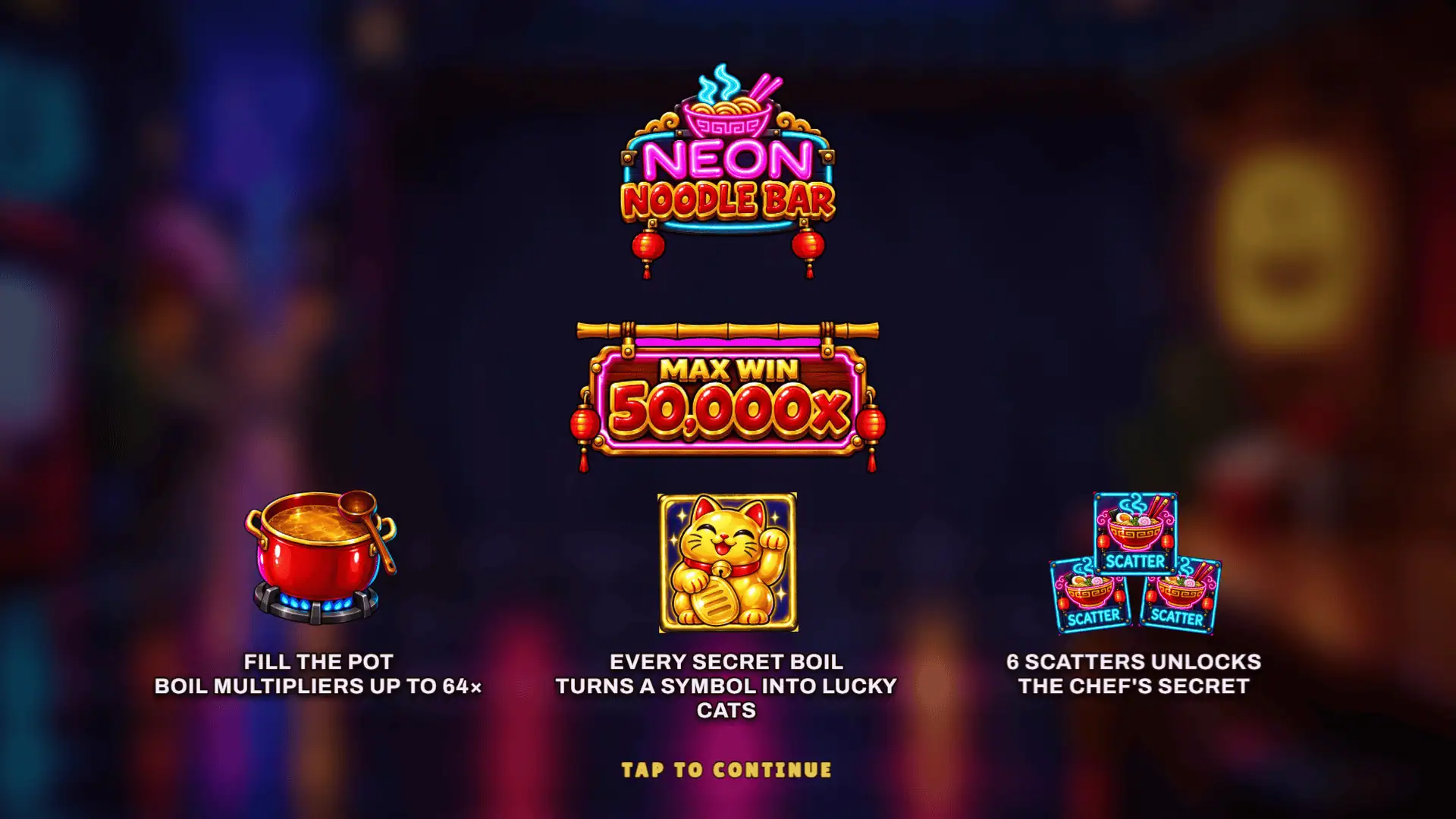 Neon Noodle Bar slot intro screen