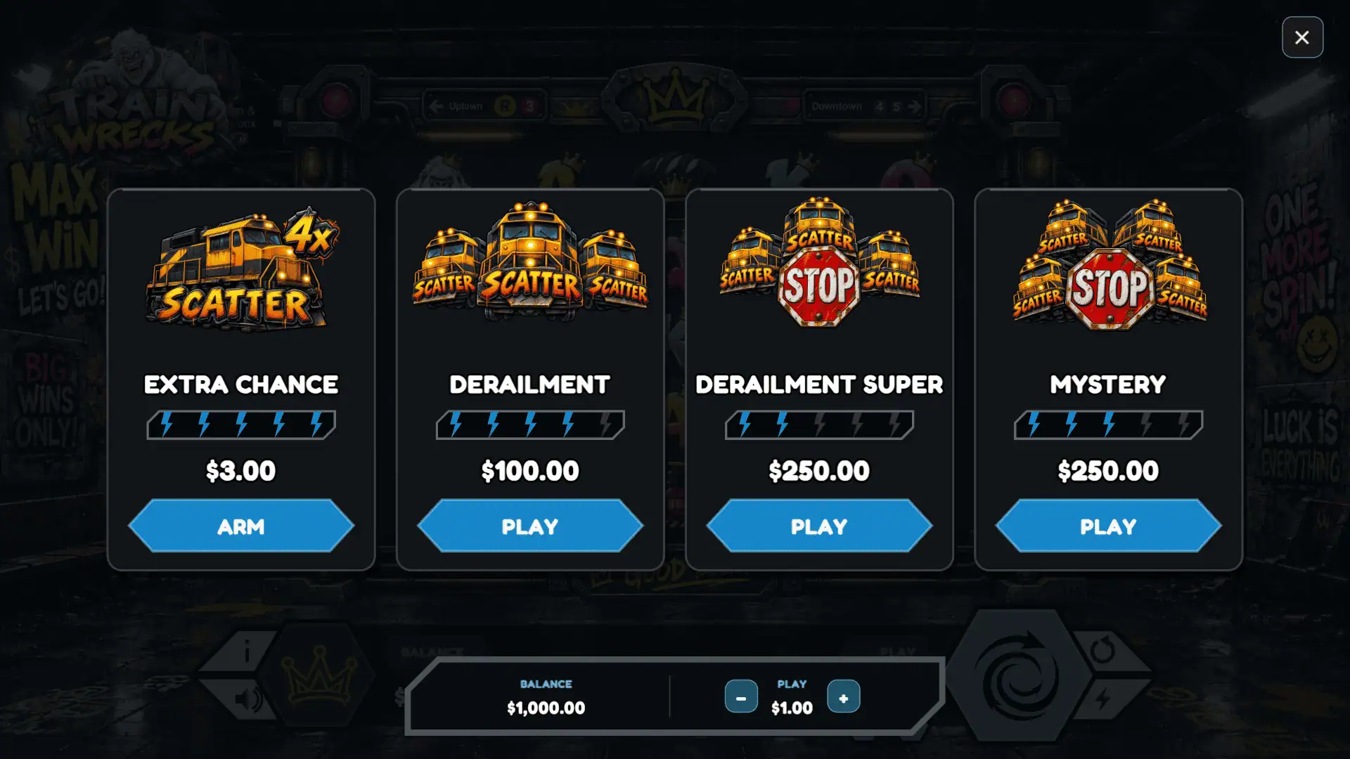 Train Wrecks bonus buy menu