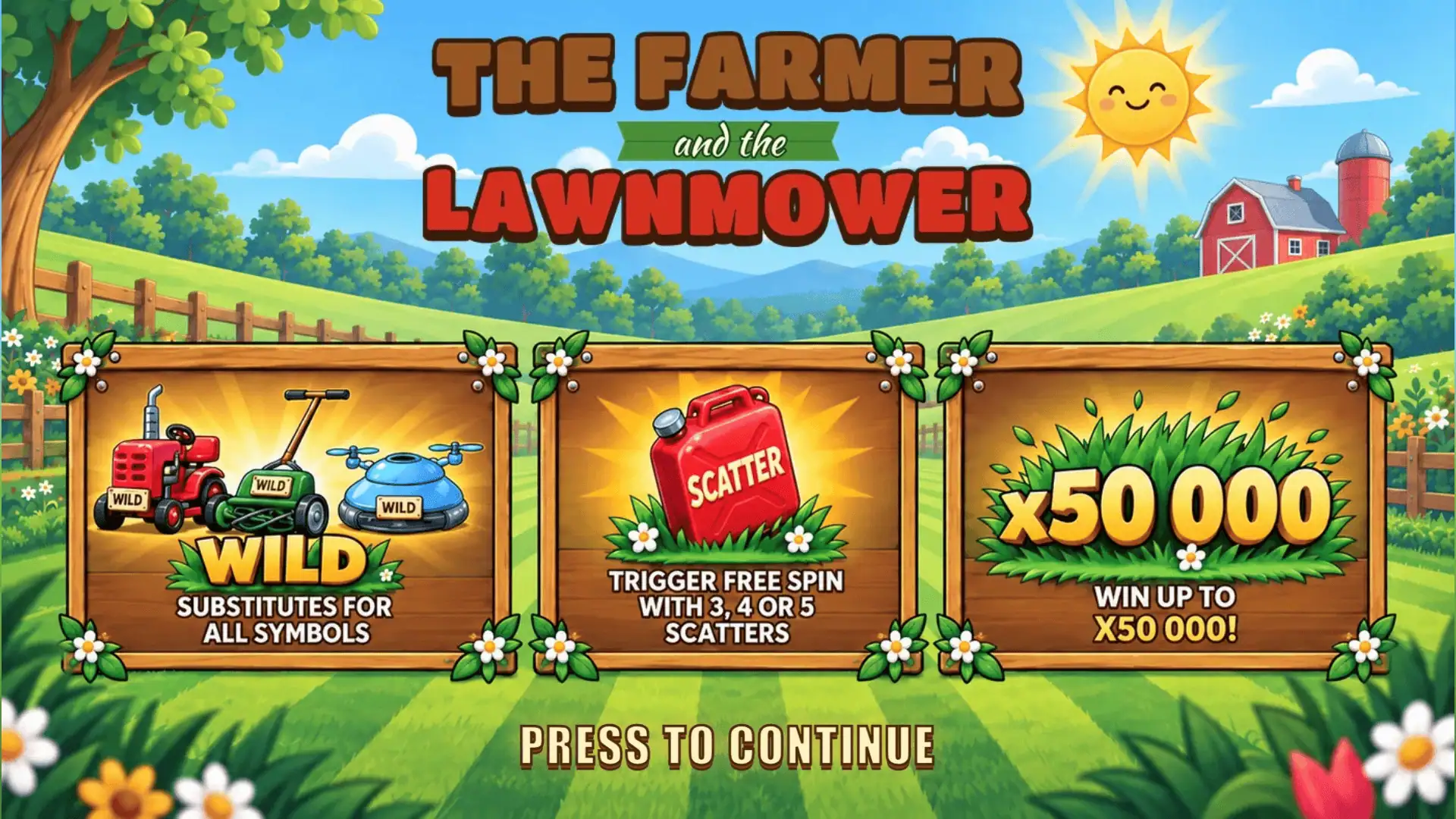 The Farmer and the Lawnmower slot intro screen