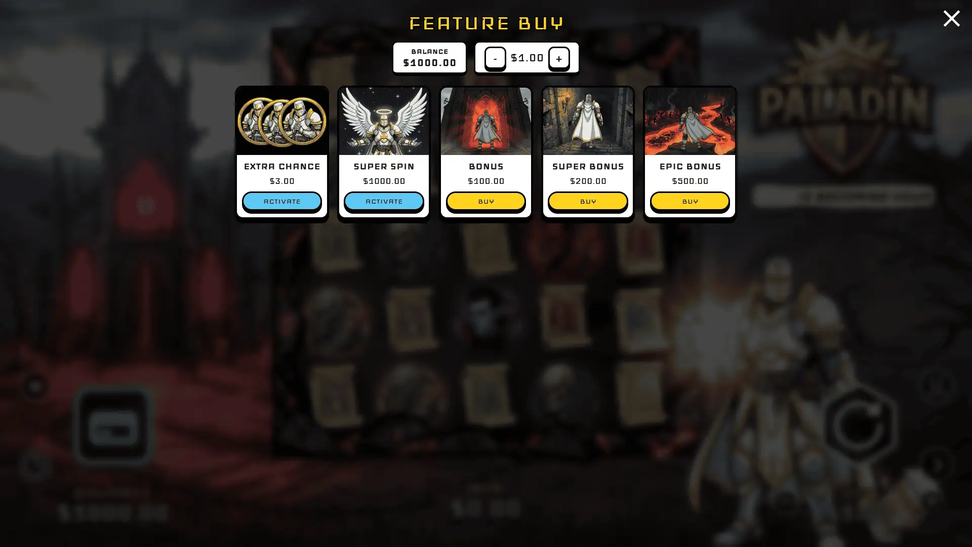 The Paladin bonus buy menu