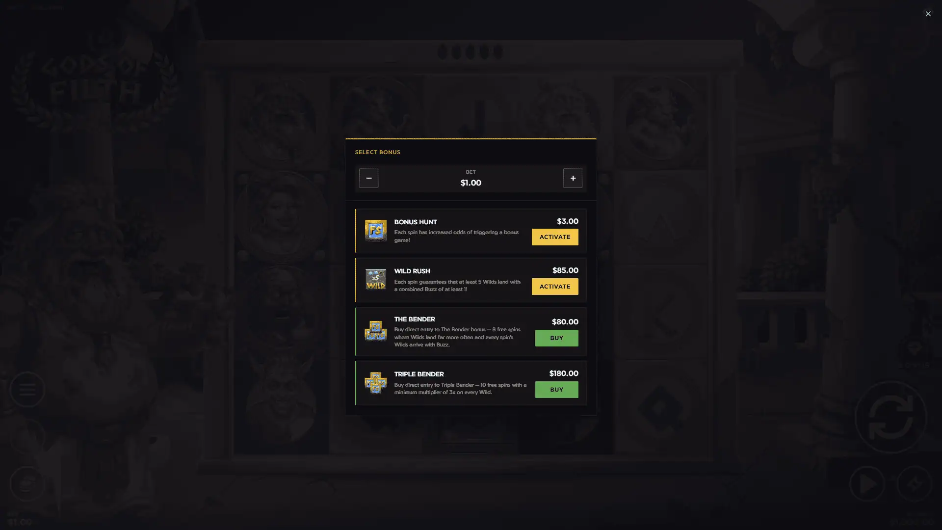 Gods of Filth bonus buy menu
