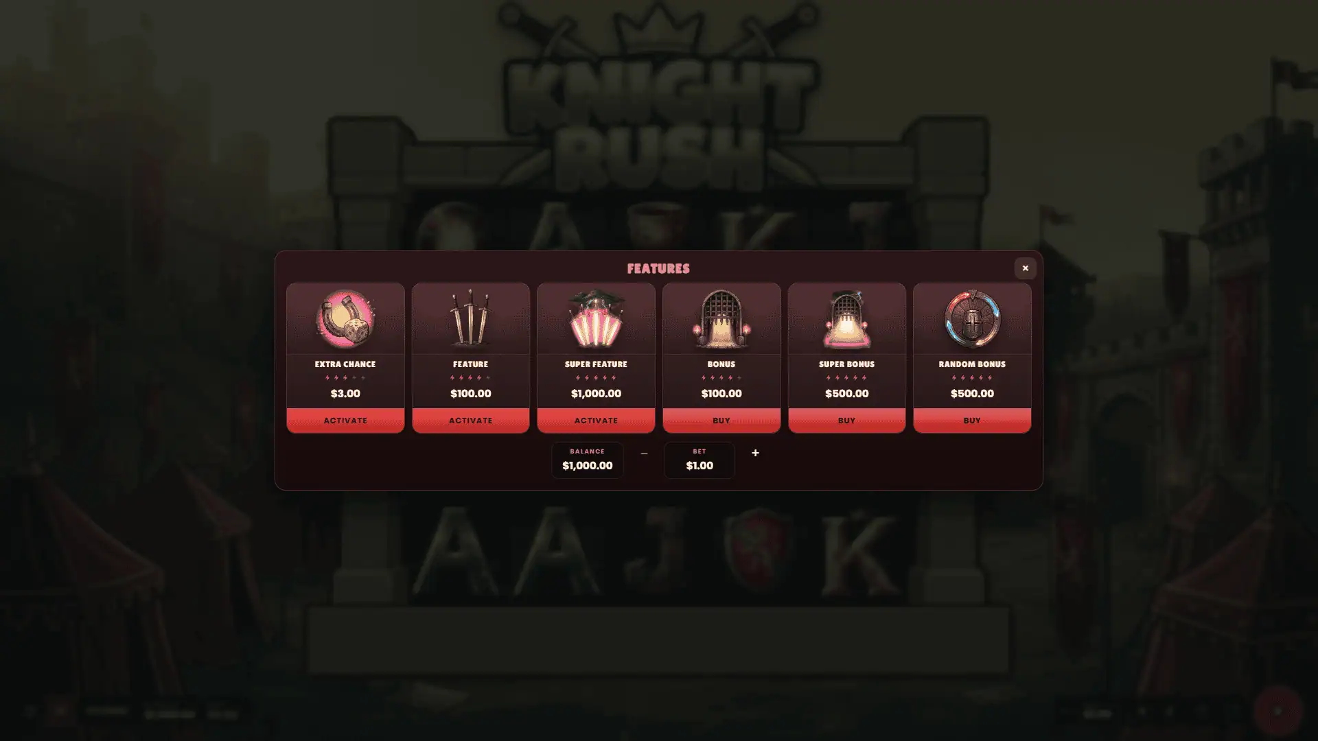 Knight Rush bonus buy menu