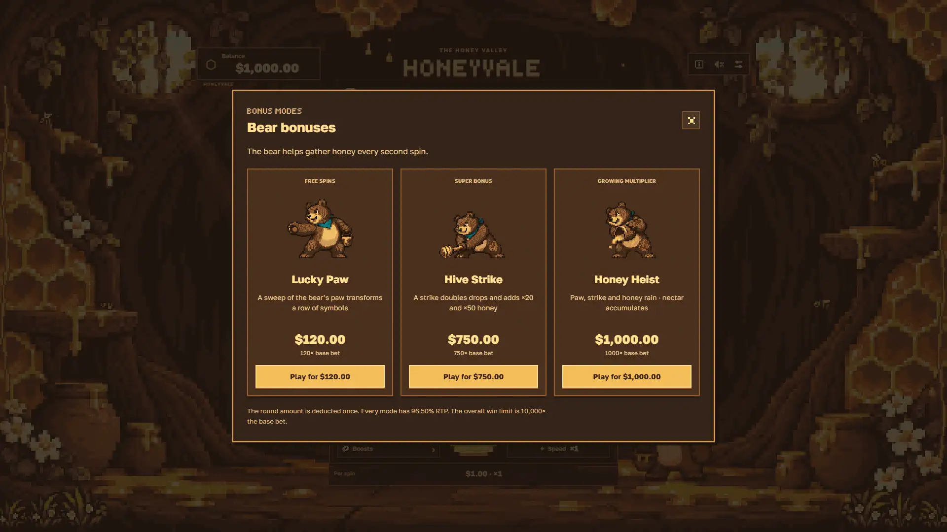 Honeyvale bonus buy menu