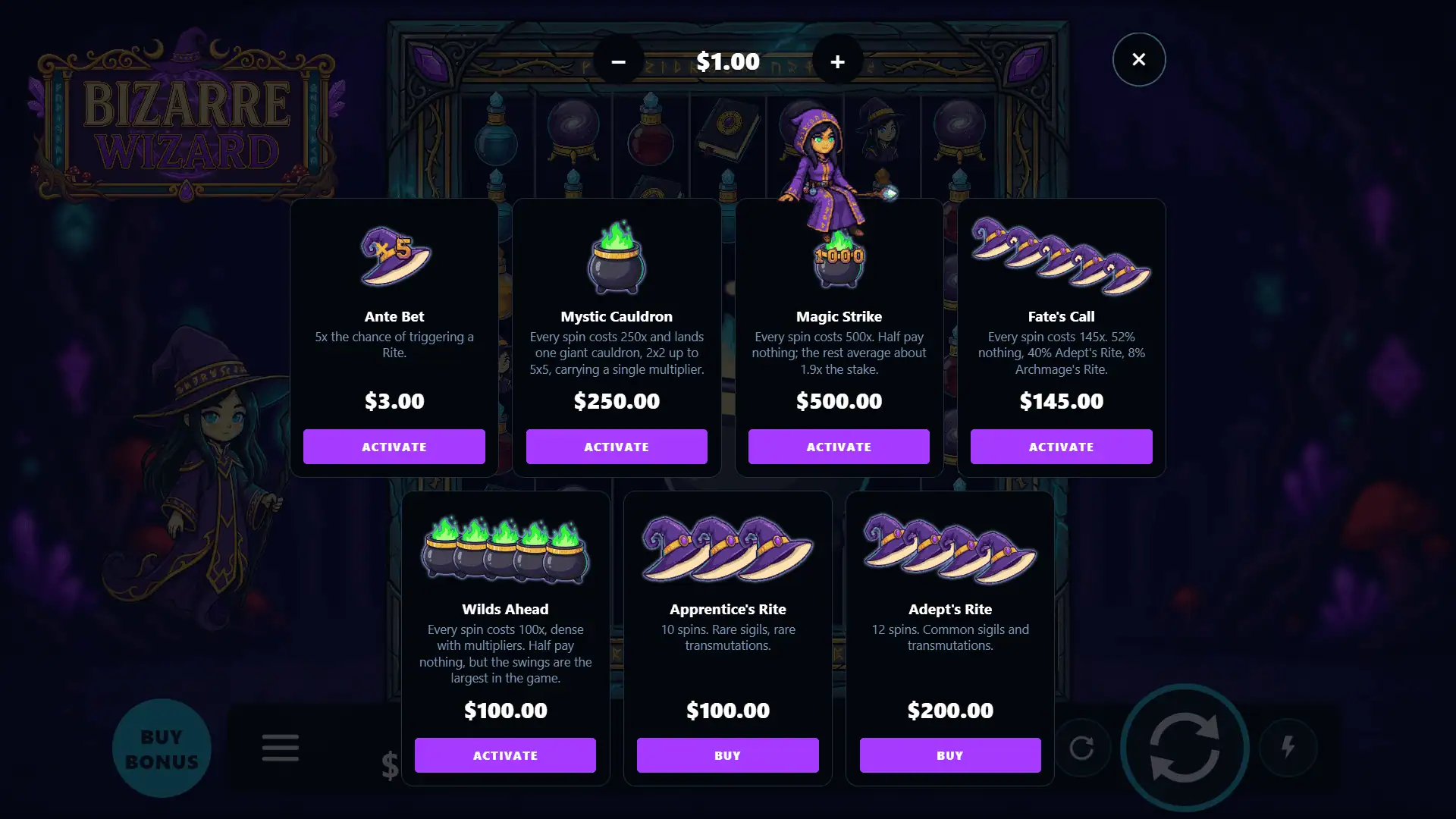 Bizarre Wizard bonus buy menu