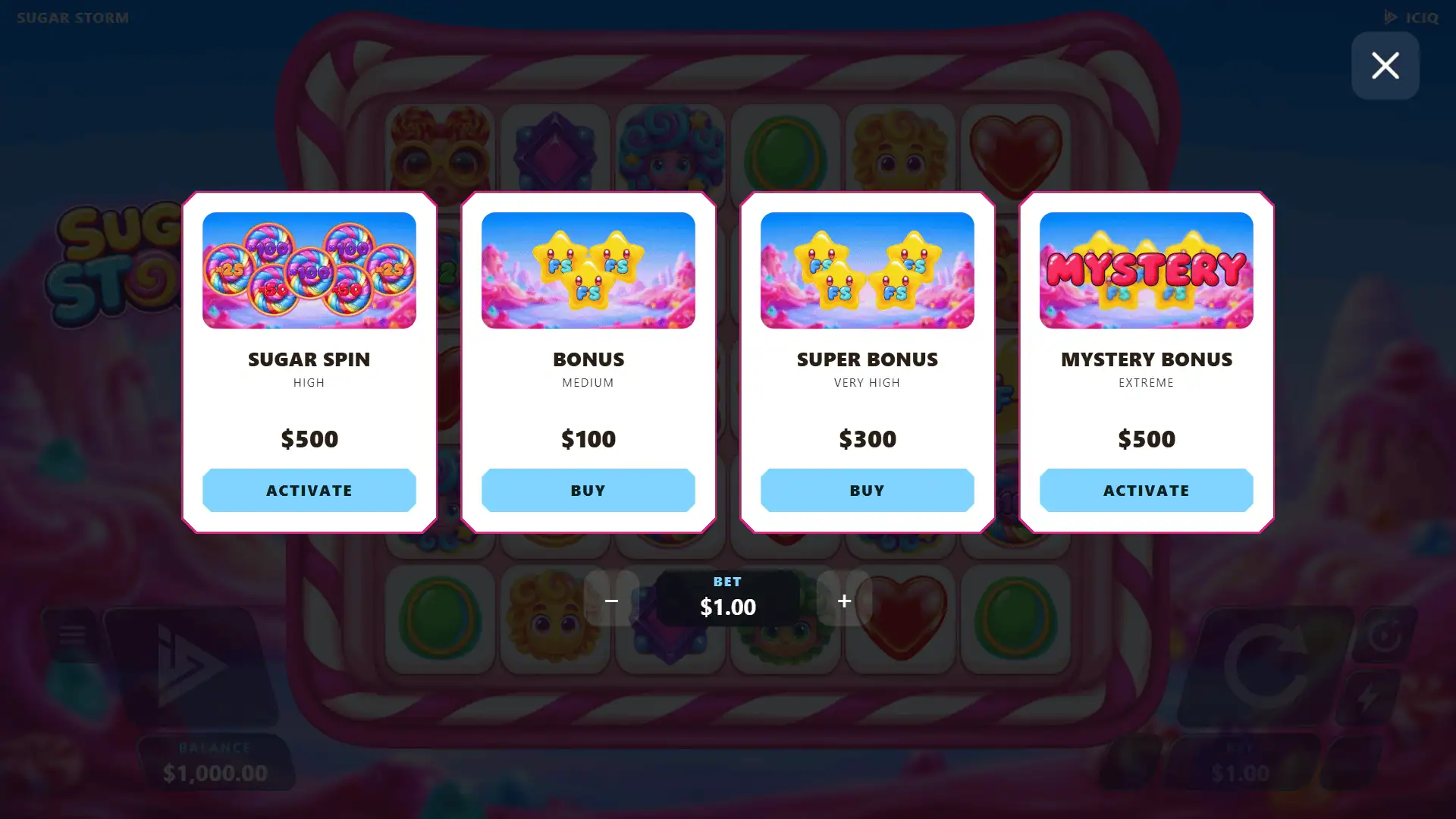 Sugar Storm bonus buy menu