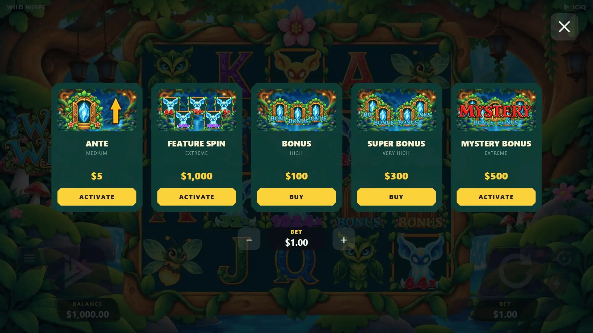 Wild Wisps bonus buy menu