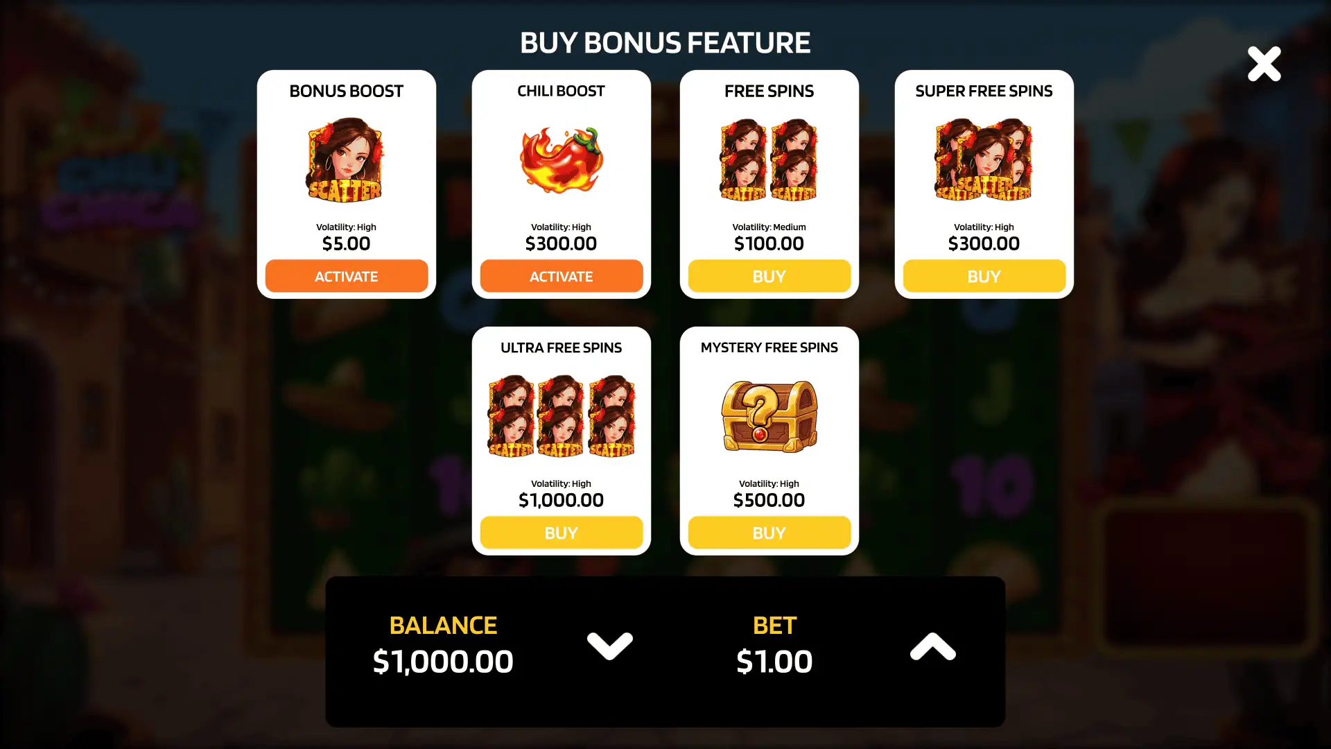Hot Chili Chica bonus buy menu
