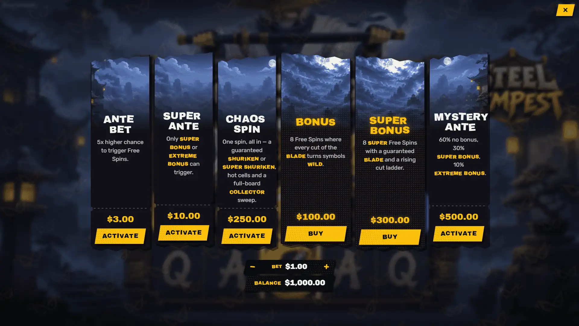 Steel Tempest bonus buy menu
