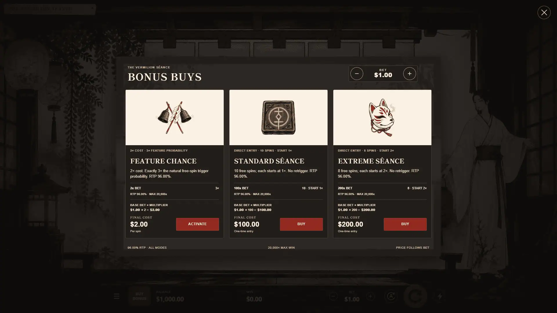 The Vermilion Seance bonus buy menu