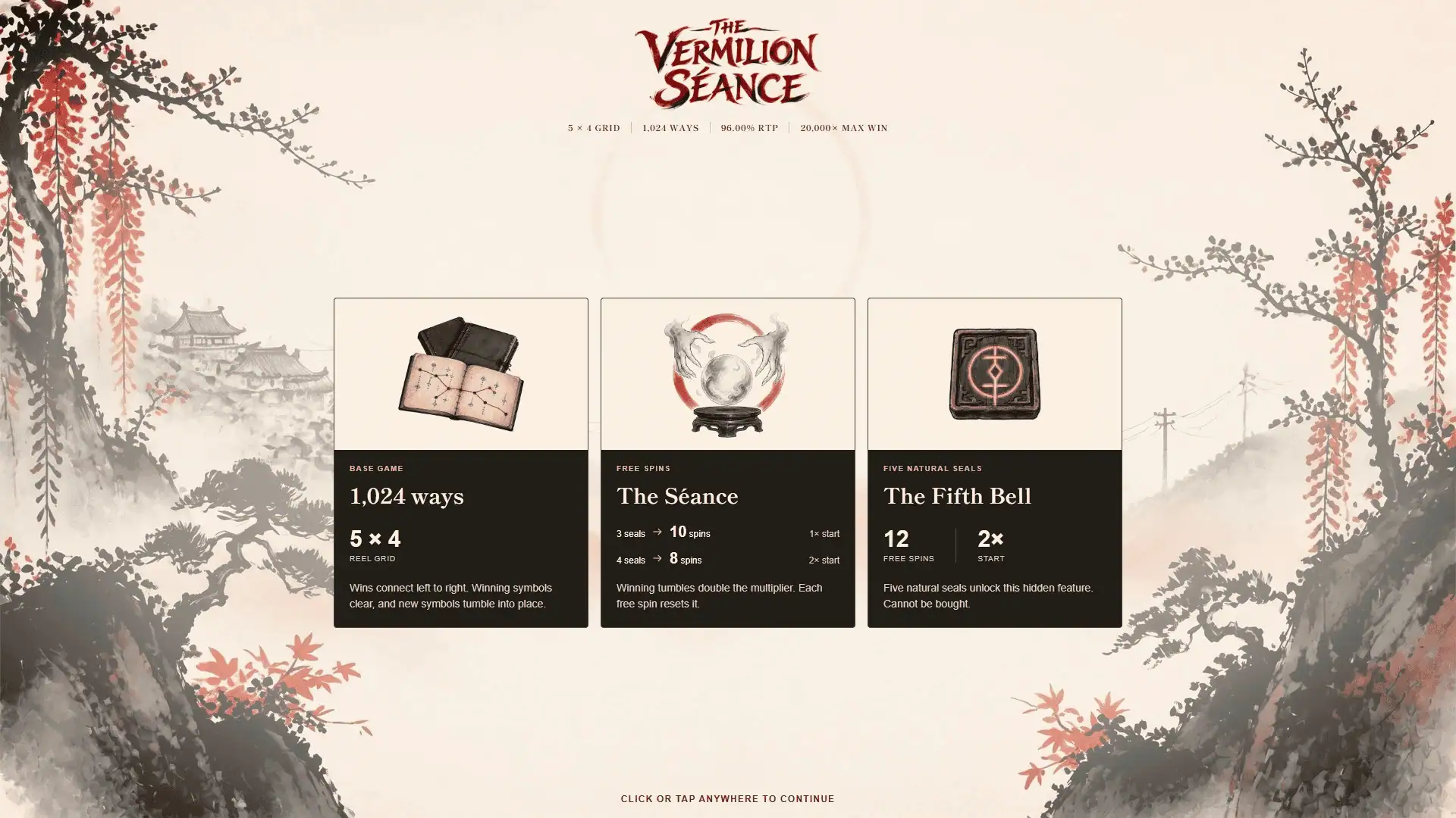 The Vermilion Seance slot intro screen